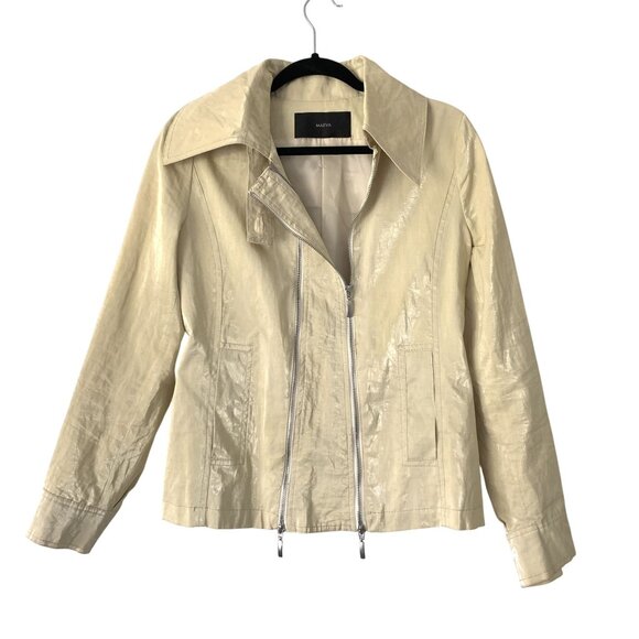 Maeva Beige Metallic Jacket Double Zipper Closure Spread Collar Size M Linen - Picture 1 of 11